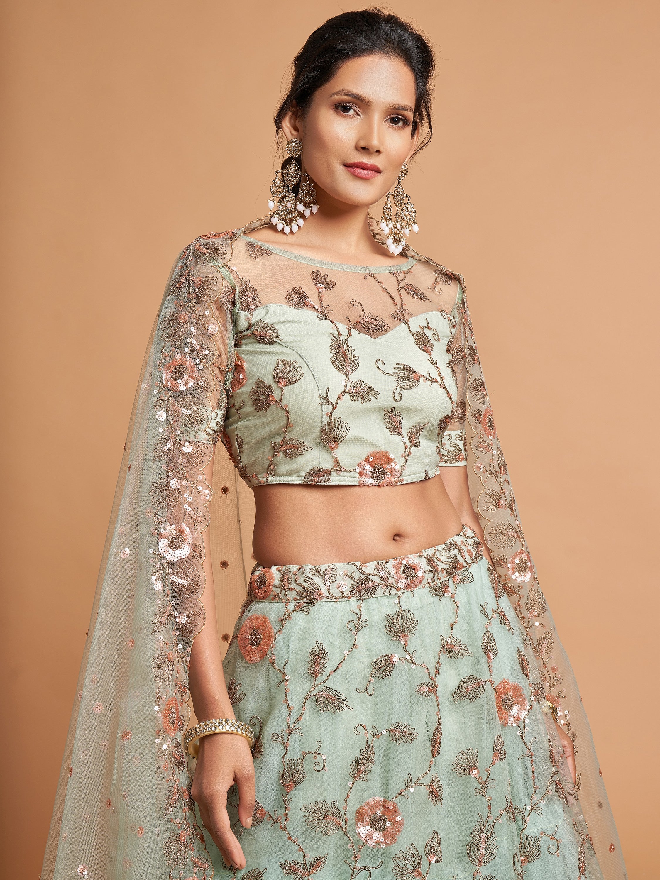 Stylish Green Embroidered Net Wedding Wear Plus Size Lehenga Choli