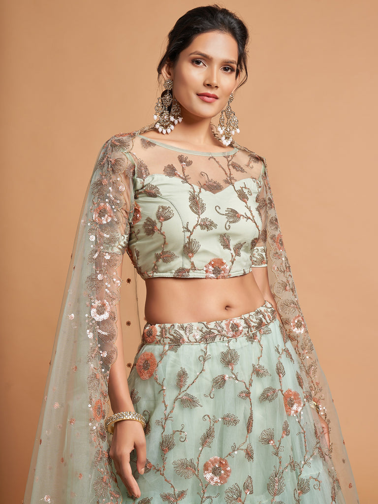 Stylish Green Embroidered Net Wedding Wear Plus Size Lehenga Choli