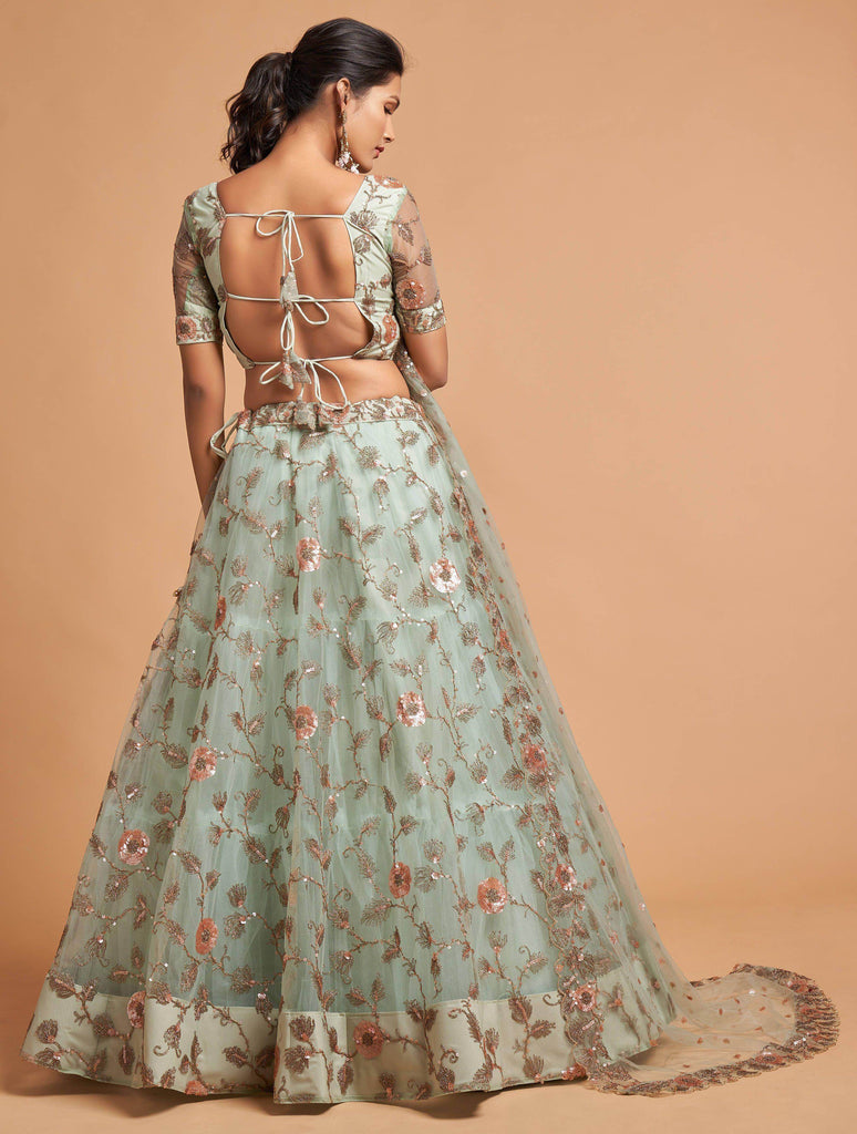 Pista Green Dori Thread Embroidered Net Wedding Lehenga Choli