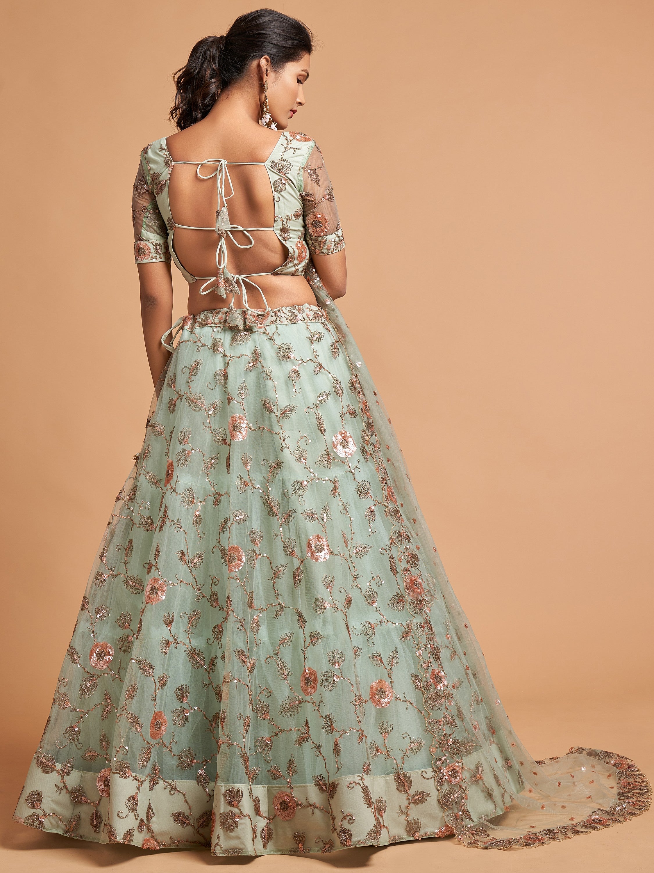 Stylish Green Embroidered Net Wedding Wear Plus Size Lehenga Choli