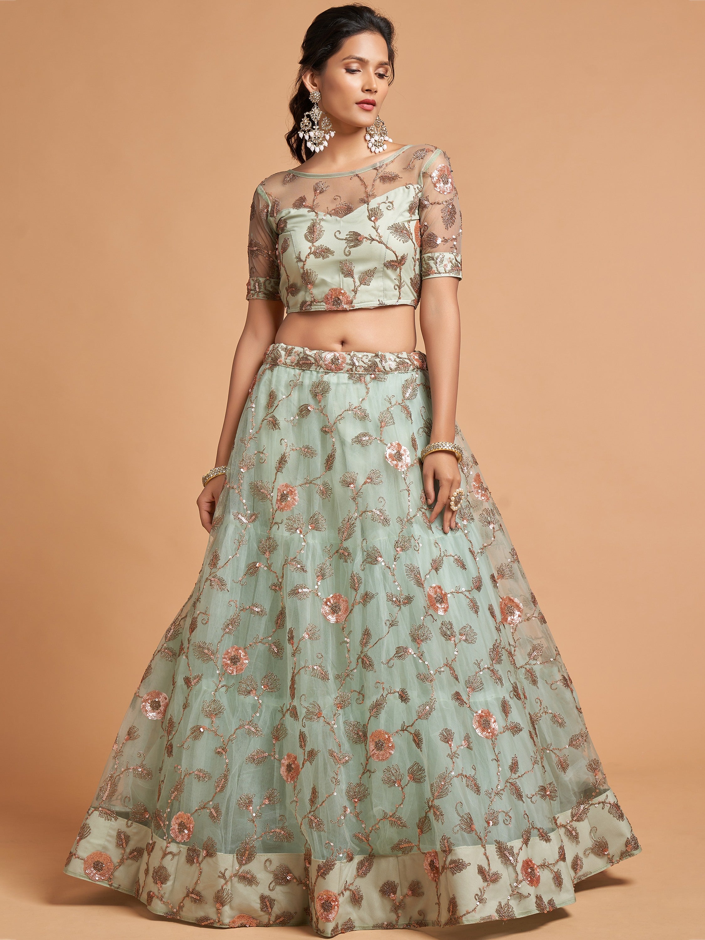 Stylish Green Embroidered Net Wedding Wear Plus Size Lehenga Choli