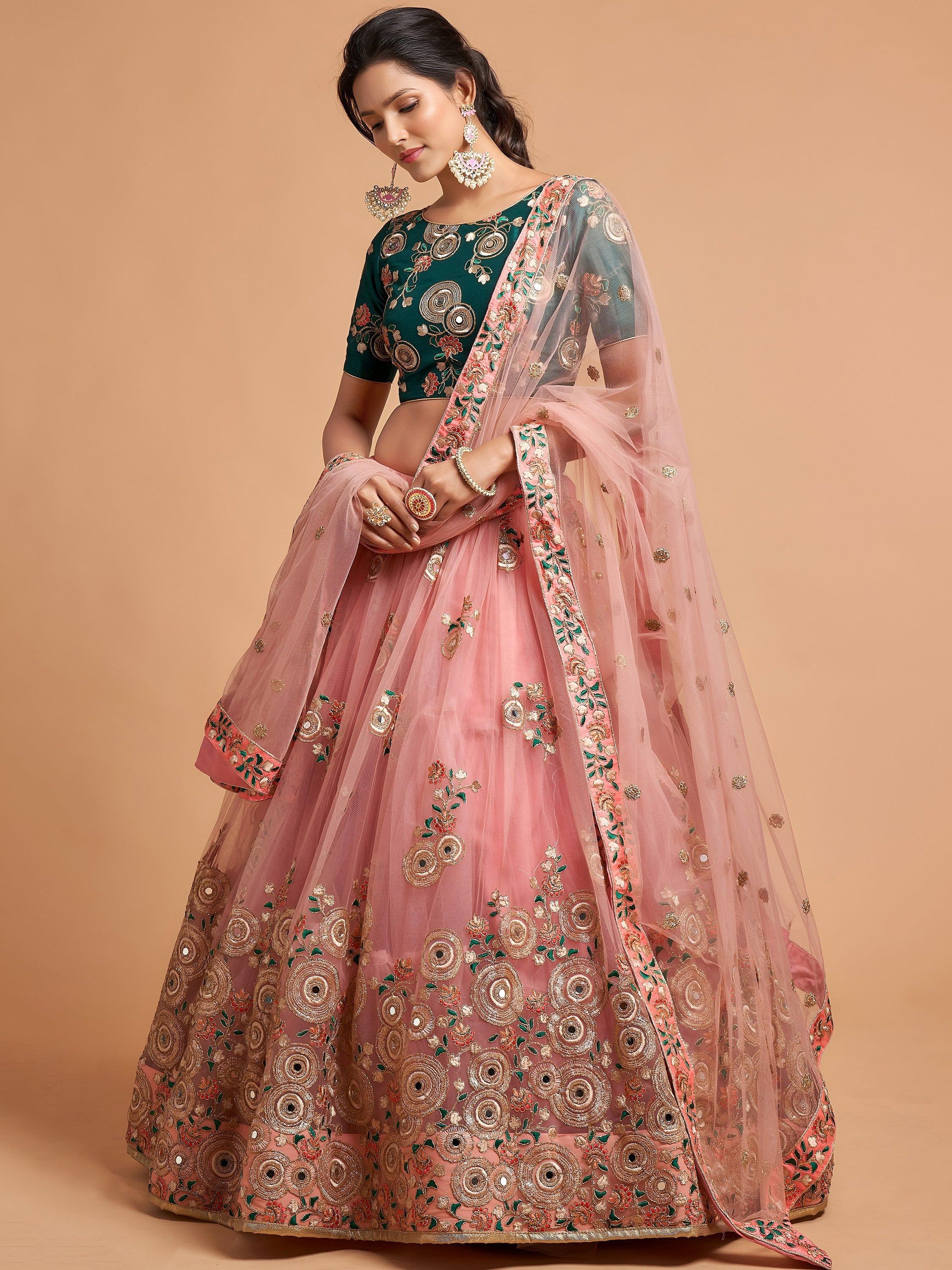 Impressive Peach Embroidered Net Festival Wear Plus Size Lehenga Choli