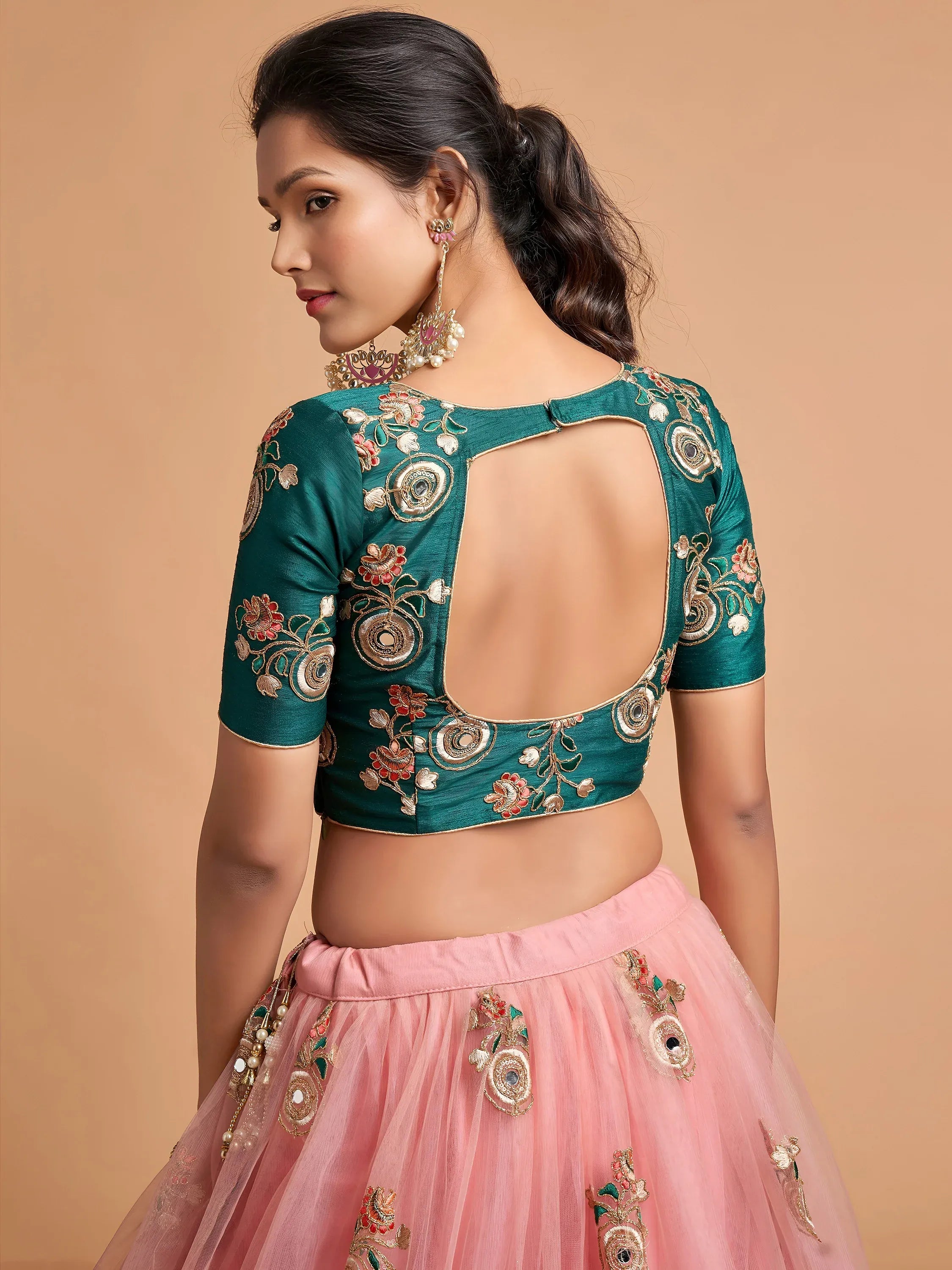 Peach Thread Embroidered Net Party Wear Lehenga Choli