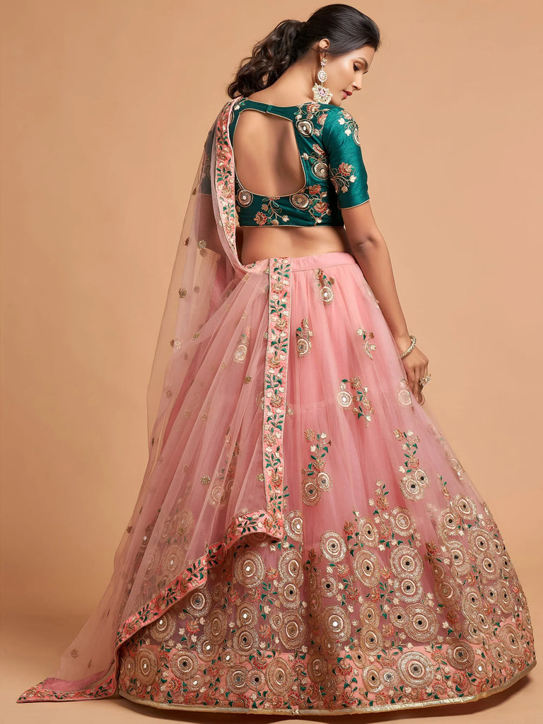 Peach Thread Embroidered Net Party Wear Lehenga Choli