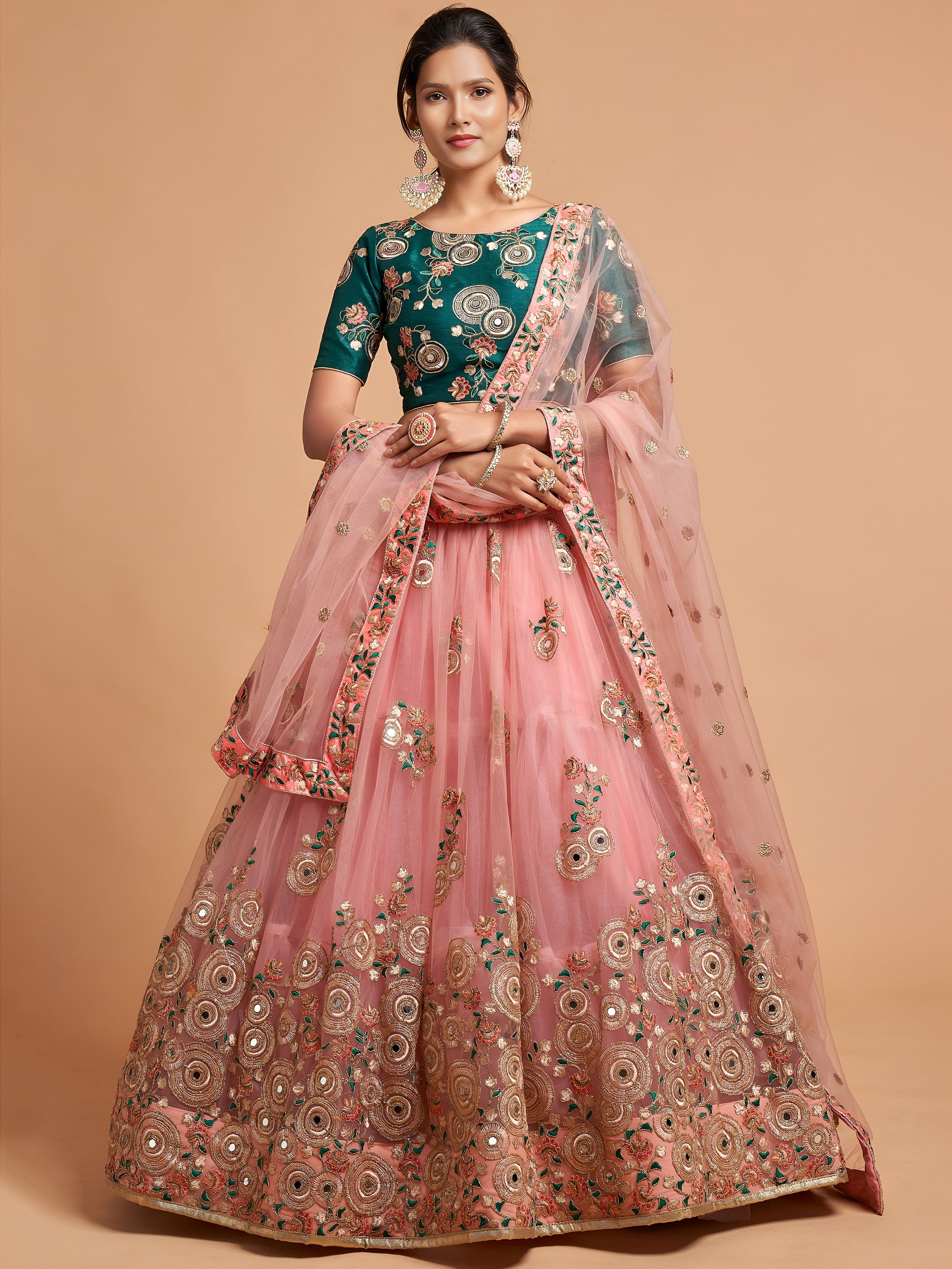 Peach Thread Embroidered Net Party Wear Lehenga Choli