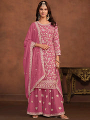 Enchanting Pink Embroidered Georgette Festival Wear Sharara Suit