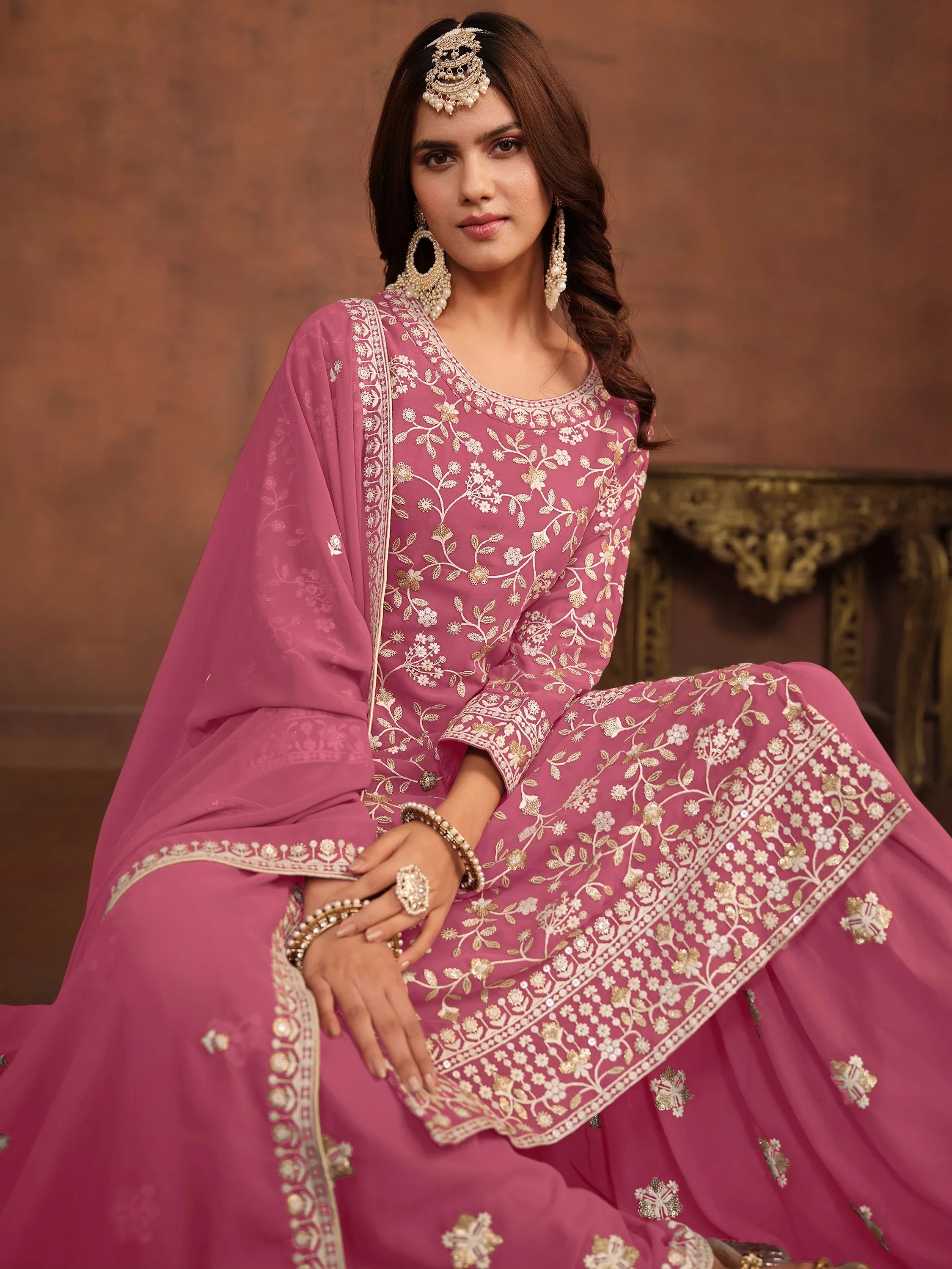 Enchanting Pink Embroidered Georgette Festival Wear Sharara Suit