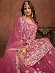 Enchanting Pink Embroidered Georgette Festival Wear Sharara Suit