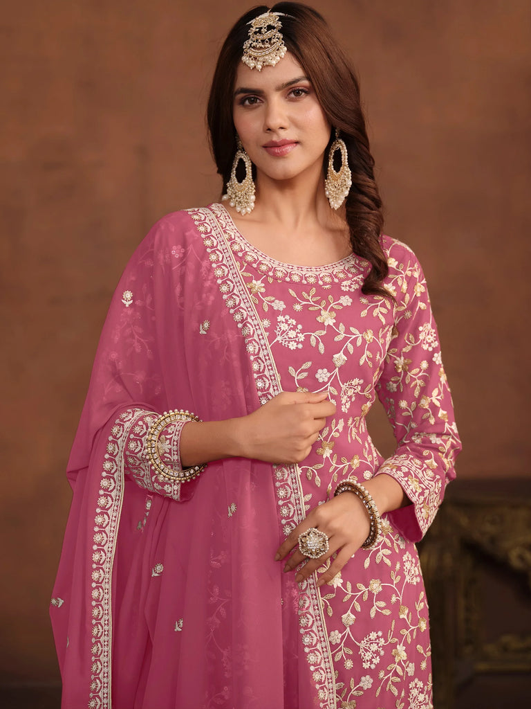 Enchanting Pink Embroidered Georgette Festival Wear Sharara Suit