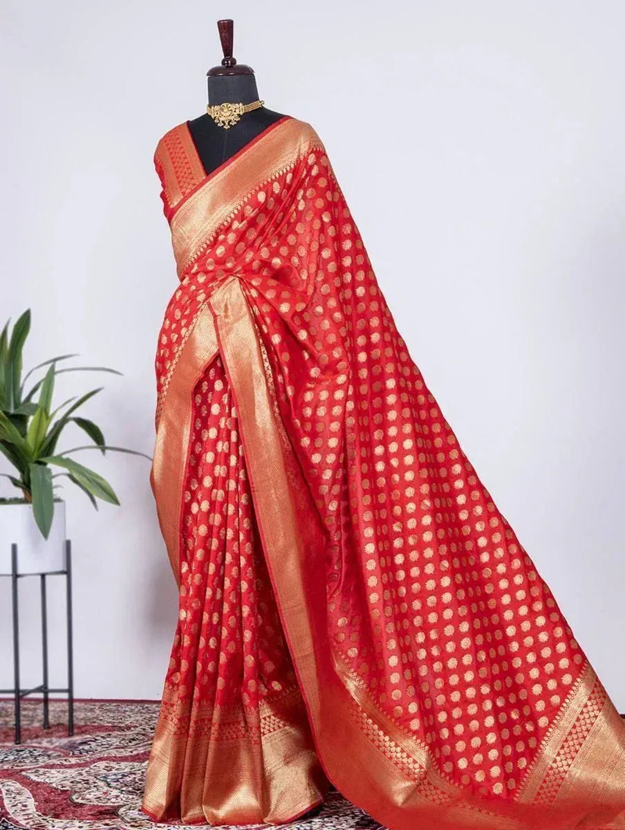 Red and gold designer saree with polka dot pattern, ethnic wear for women