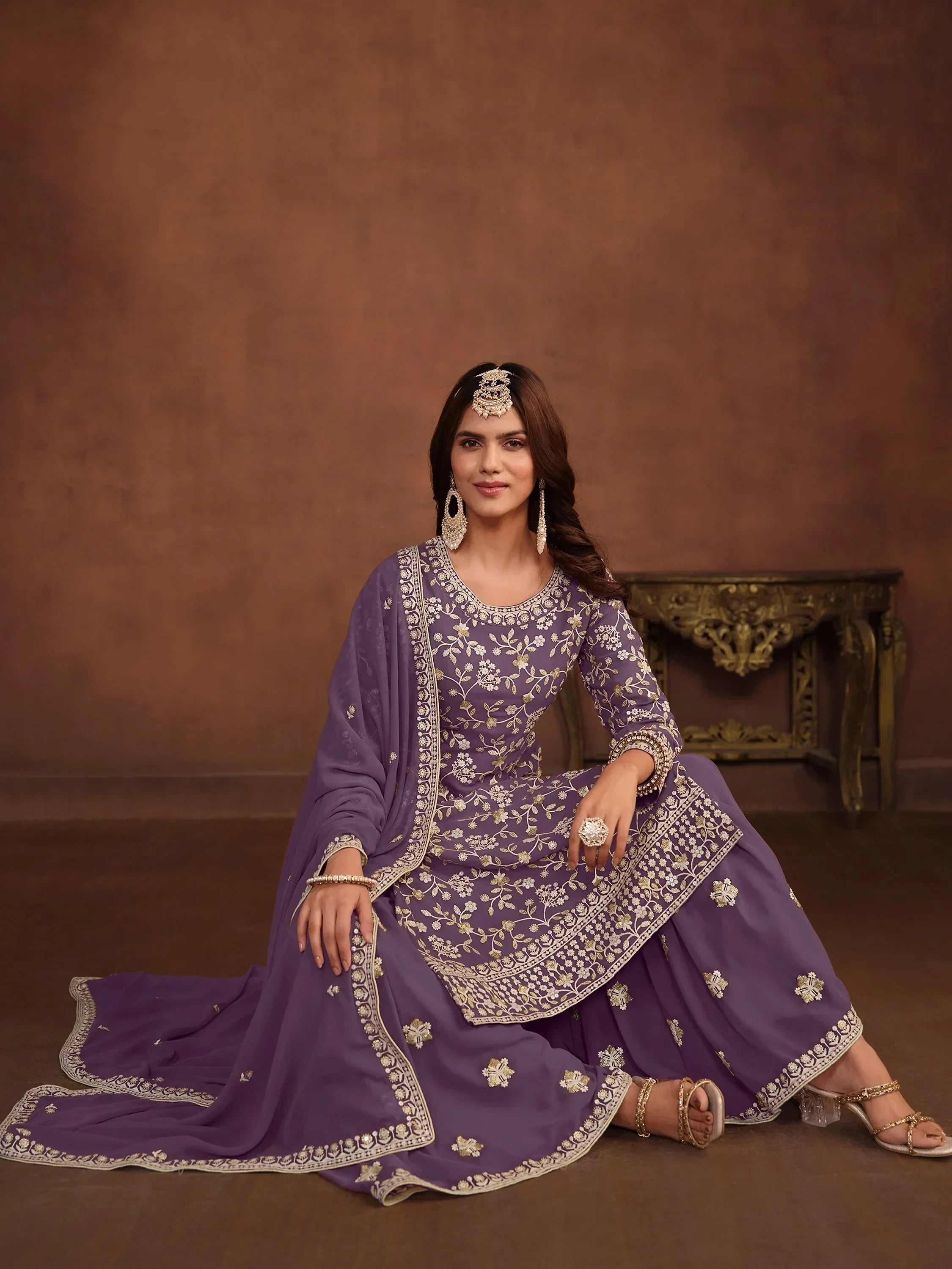 Precious Lavender Embroidered Georgette Function Wear Sharara Suit