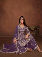 Precious Lavender Embroidered Georgette Function Wear Sharara Suit