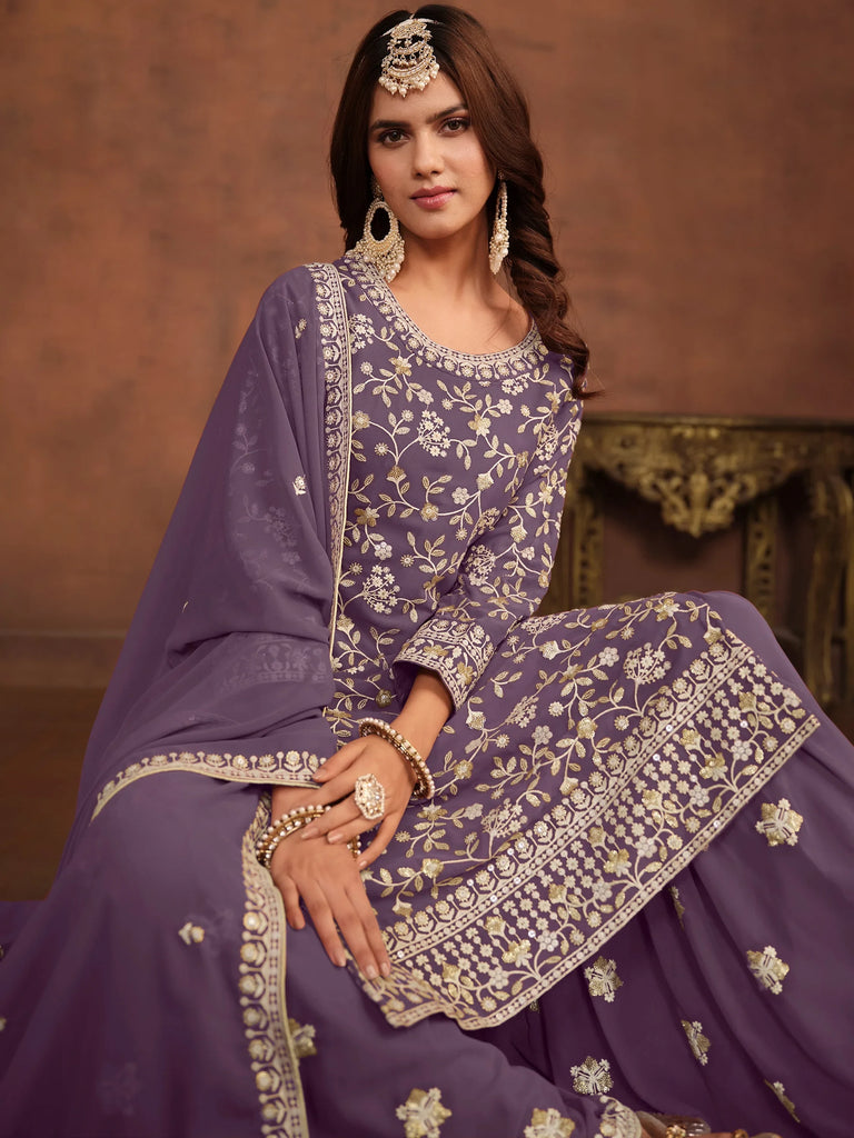 Precious Lavender Embroidered Georgette Function Wear Sharara Suit