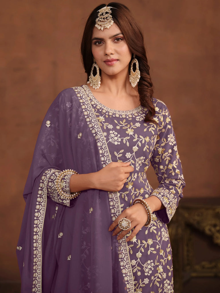 Precious Lavender Embroidered Georgette Function Wear Sharara Suit