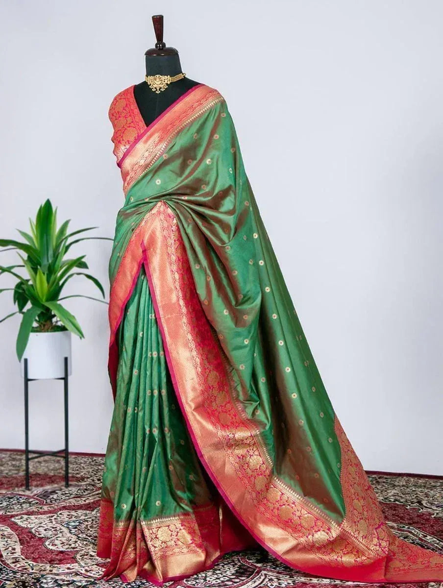Memorable Green Banarasi Silk Zari Weaving Work Wedding Wear Saree