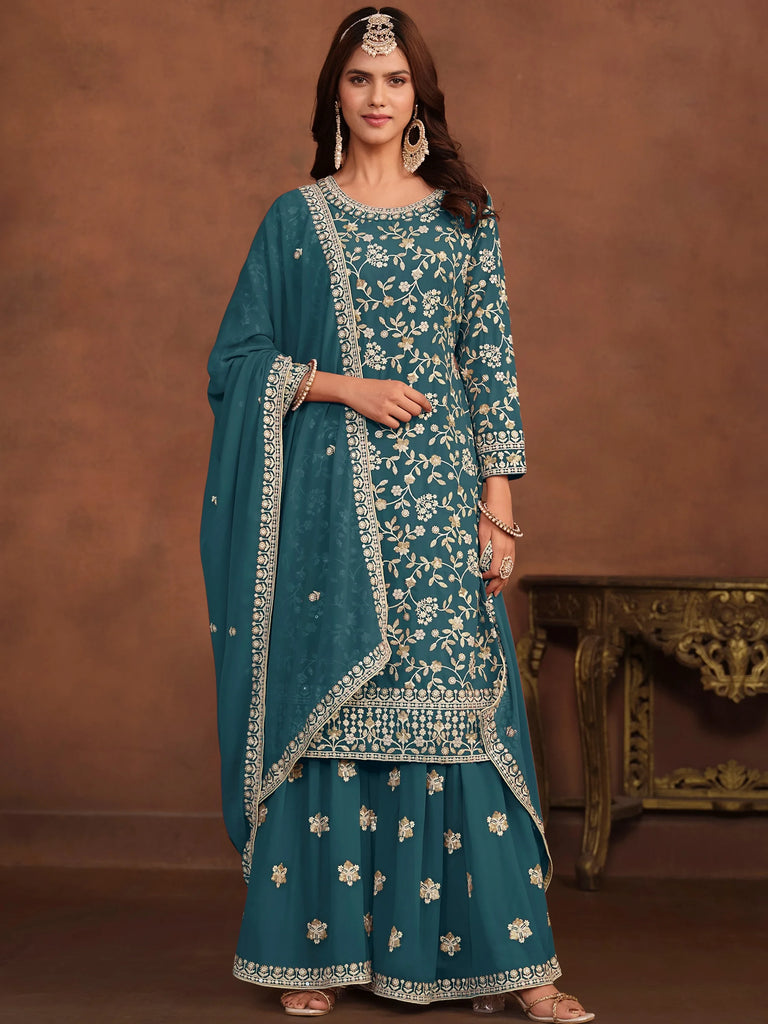 Majestic Green Embroidered Georgette Wedding Wear Sharara Suit