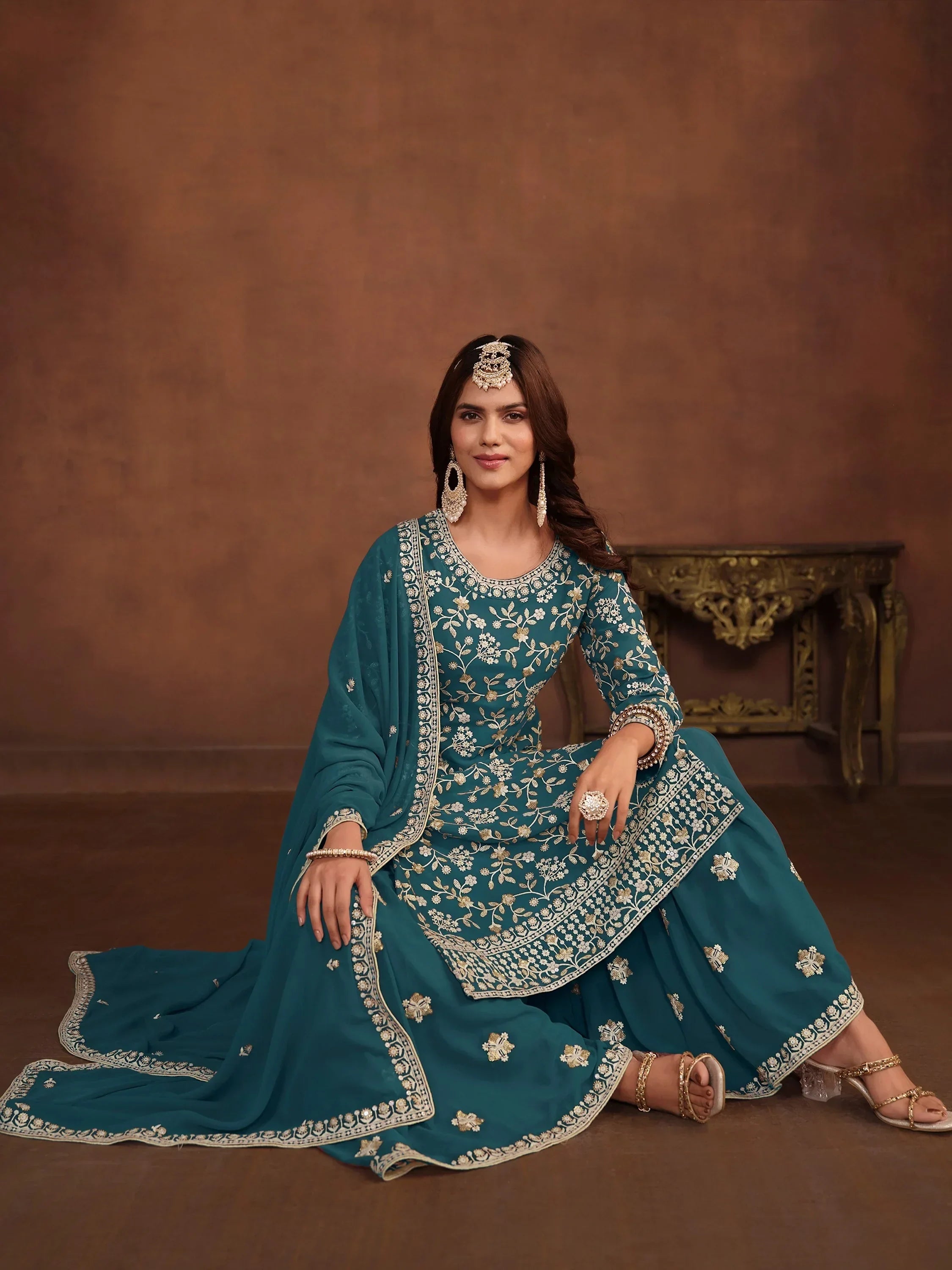Majestic Green Embroidered Georgette Wedding Wear Sharara Suit