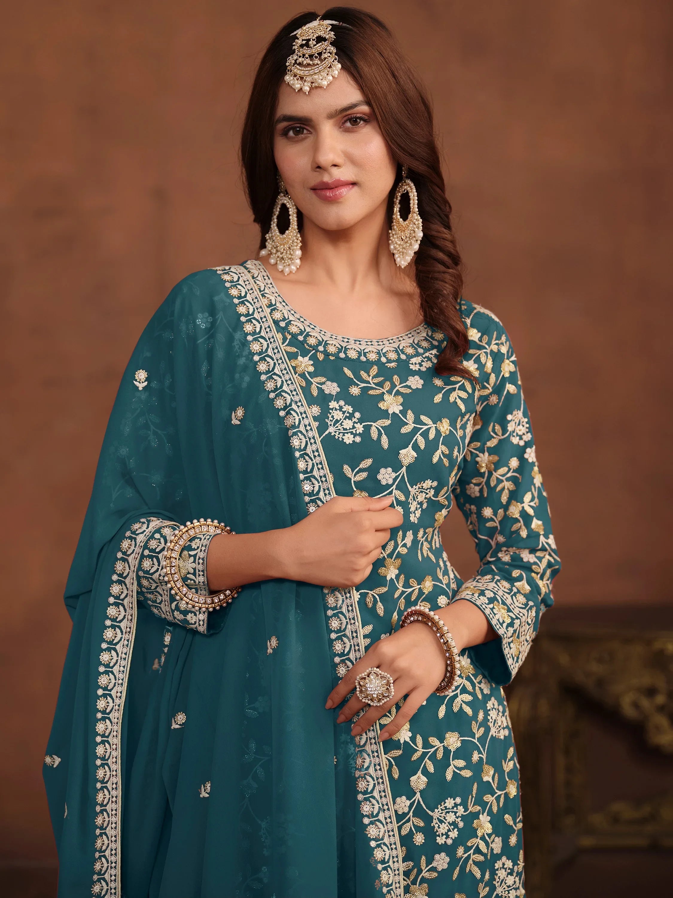 Majestic Green Embroidered Georgette Wedding Wear Sharara Suit