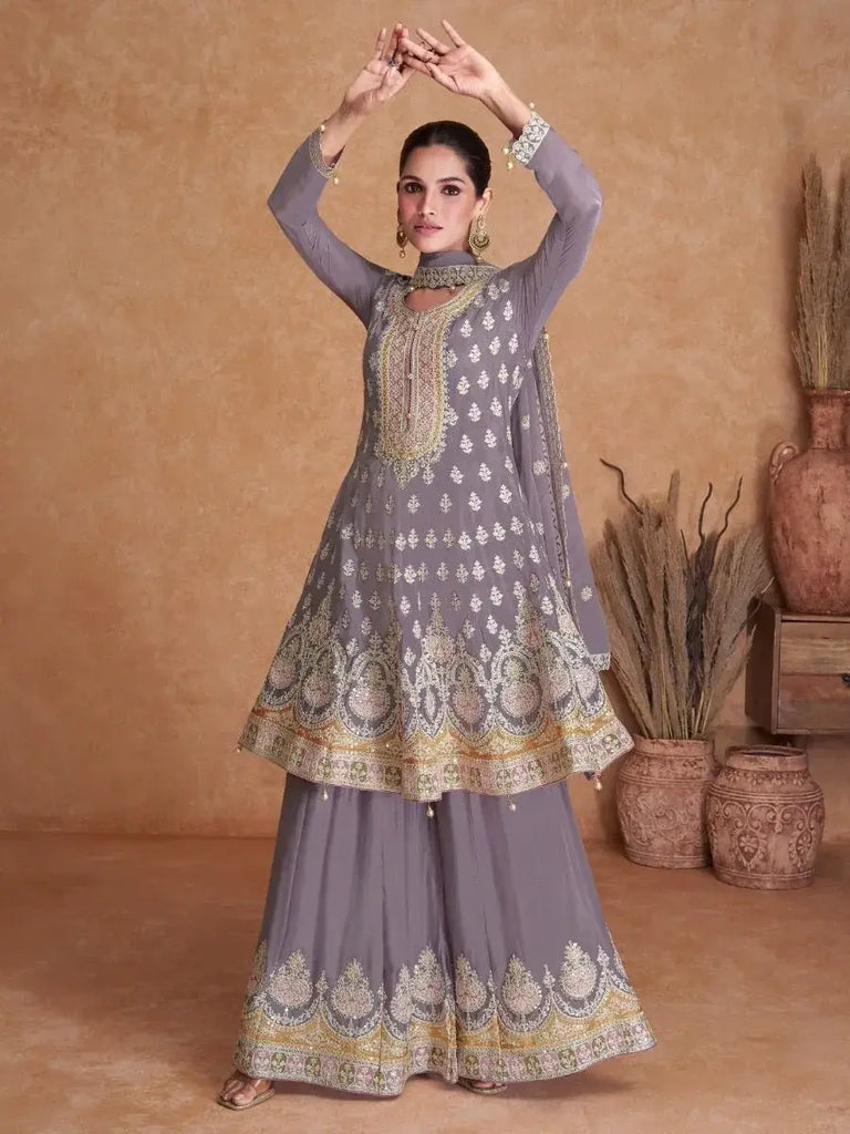 Endearing Dusty Purple Thread Embroidered Chinon Palazzo Suit