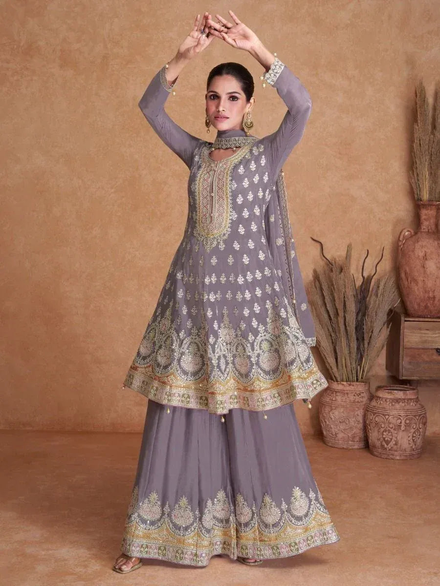 Grey embroidered salwar kameez with gold detailing, ethnic Indian wear for women
