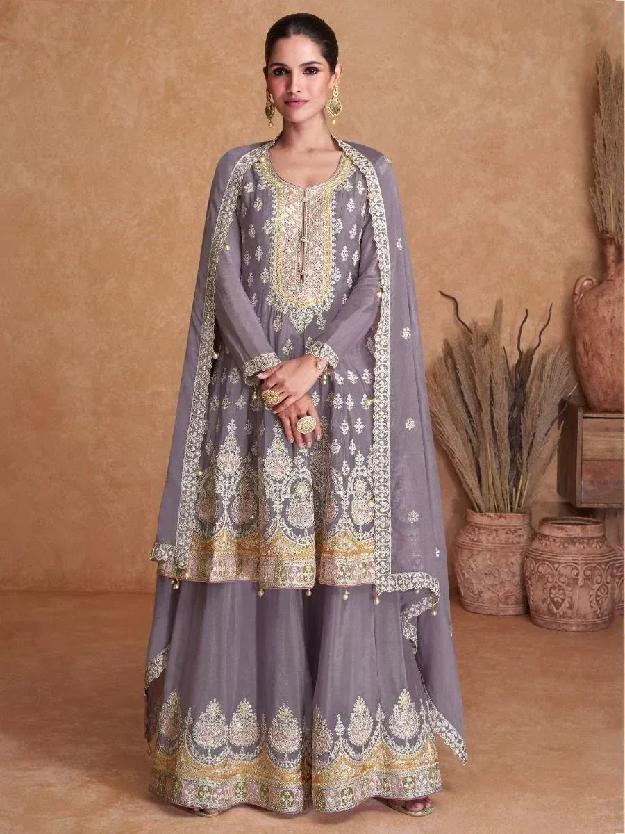 Grey embroidered sharara suit with gold detailing, perfect for Indian ethnic wear occasions