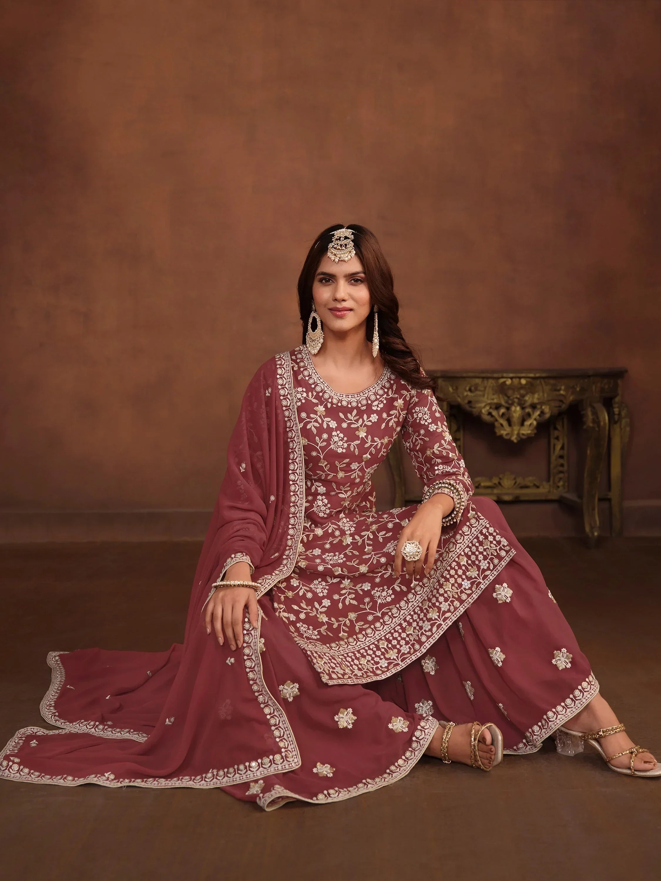 Elegant Dusty Pink Embroidered Georgette Festival Wear Sharara Suit