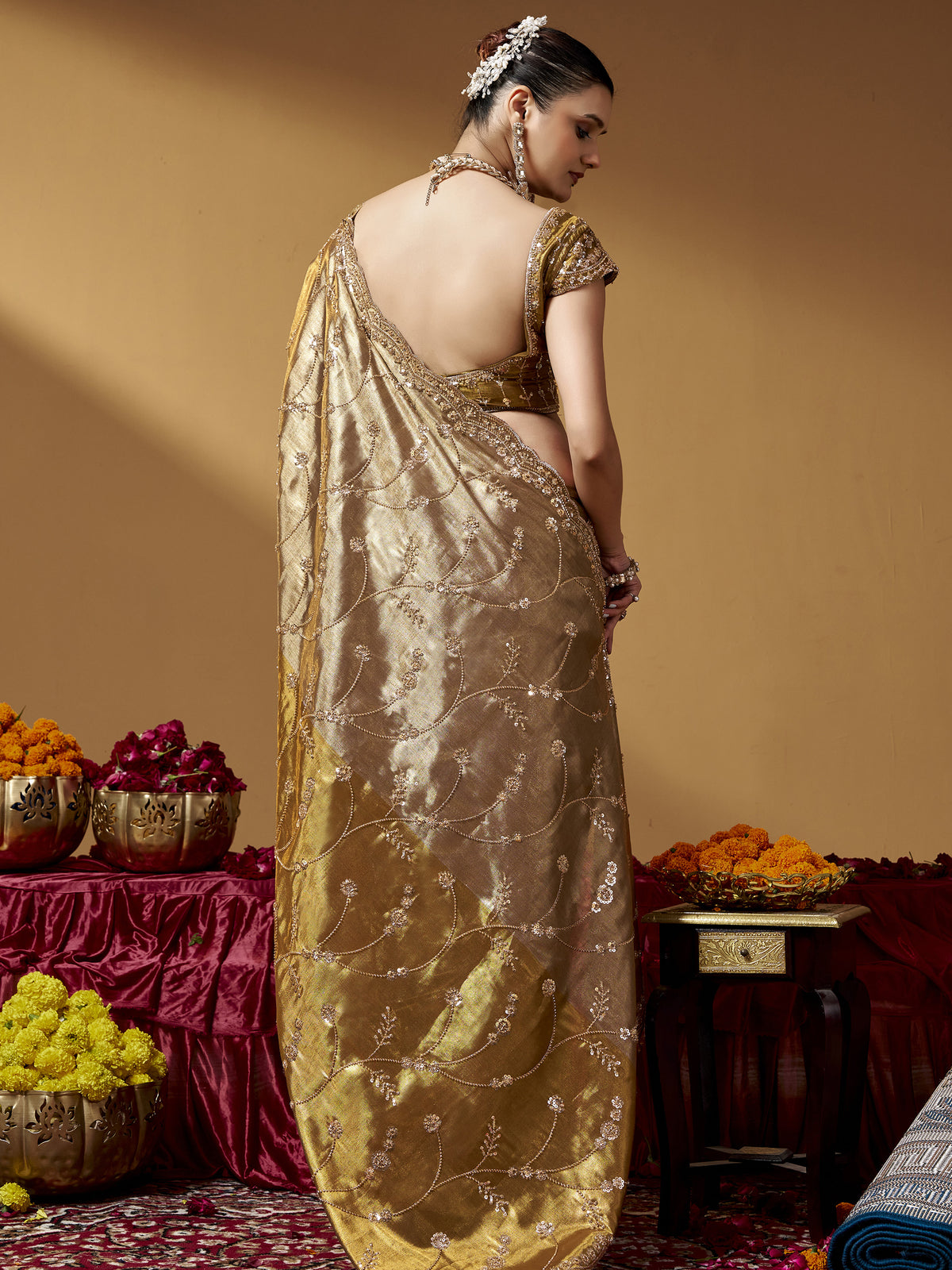 Grand Golden Hand Work Silk Wedding Wear Saree With Blouse