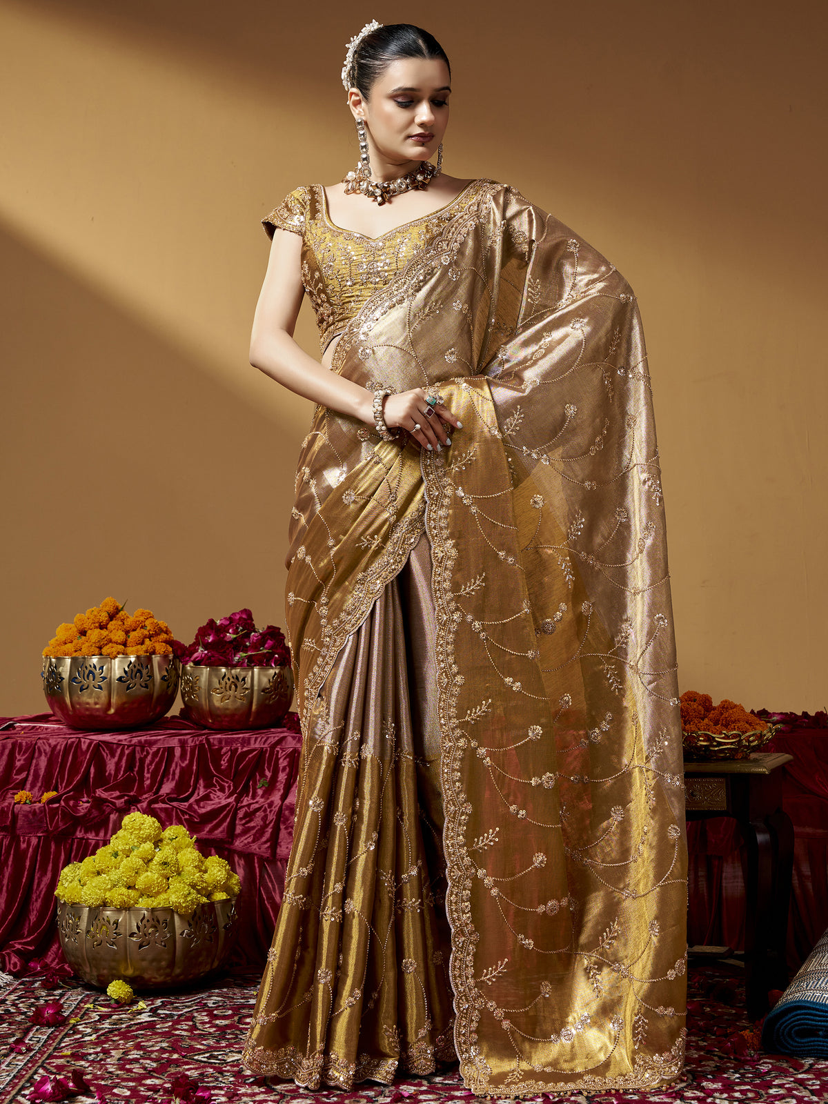 Grand Golden Hand Work Silk Wedding Wear Saree With Blouse