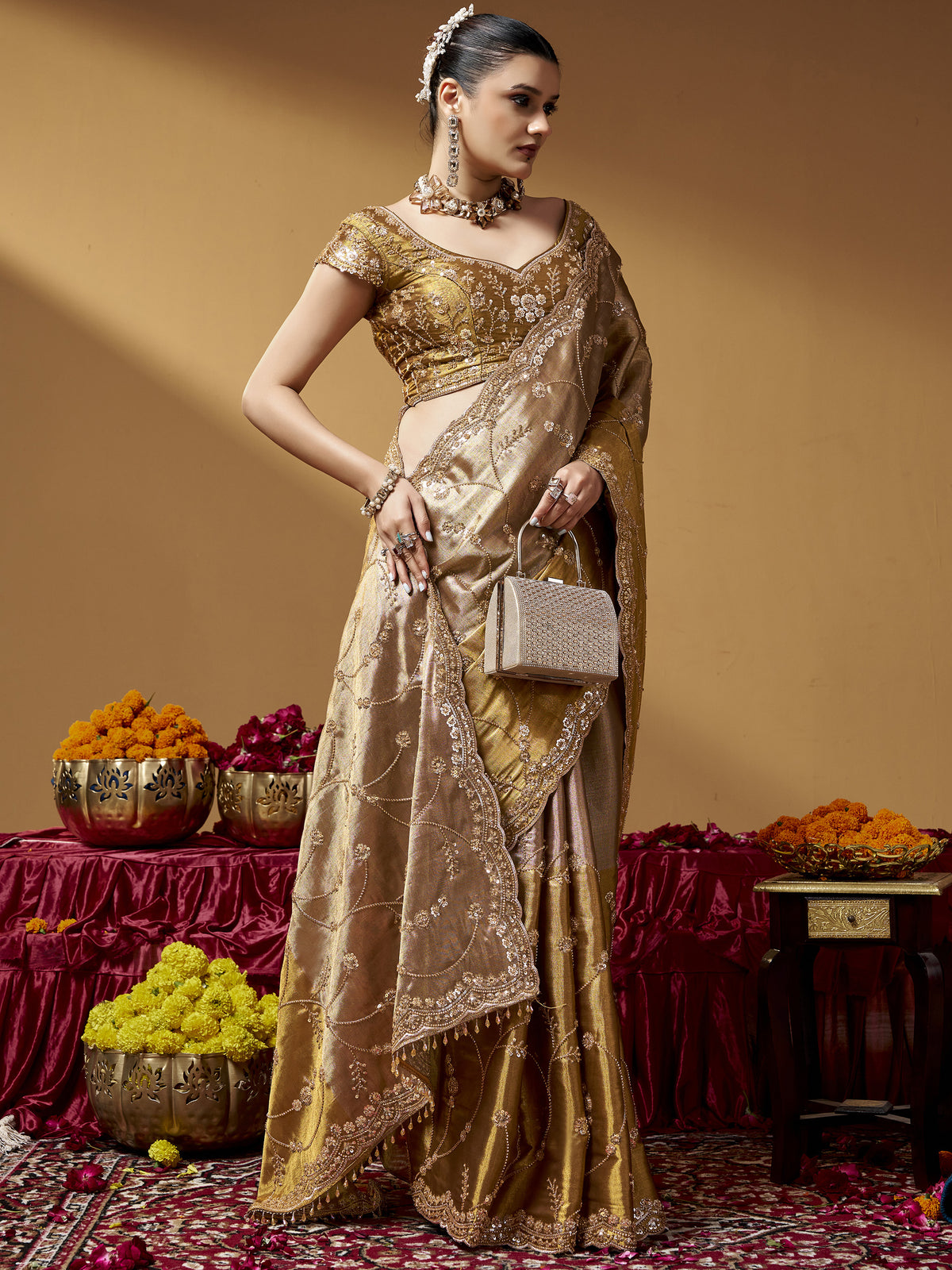 Grand Golden Hand Work Silk Wedding Wear Saree With Blouse