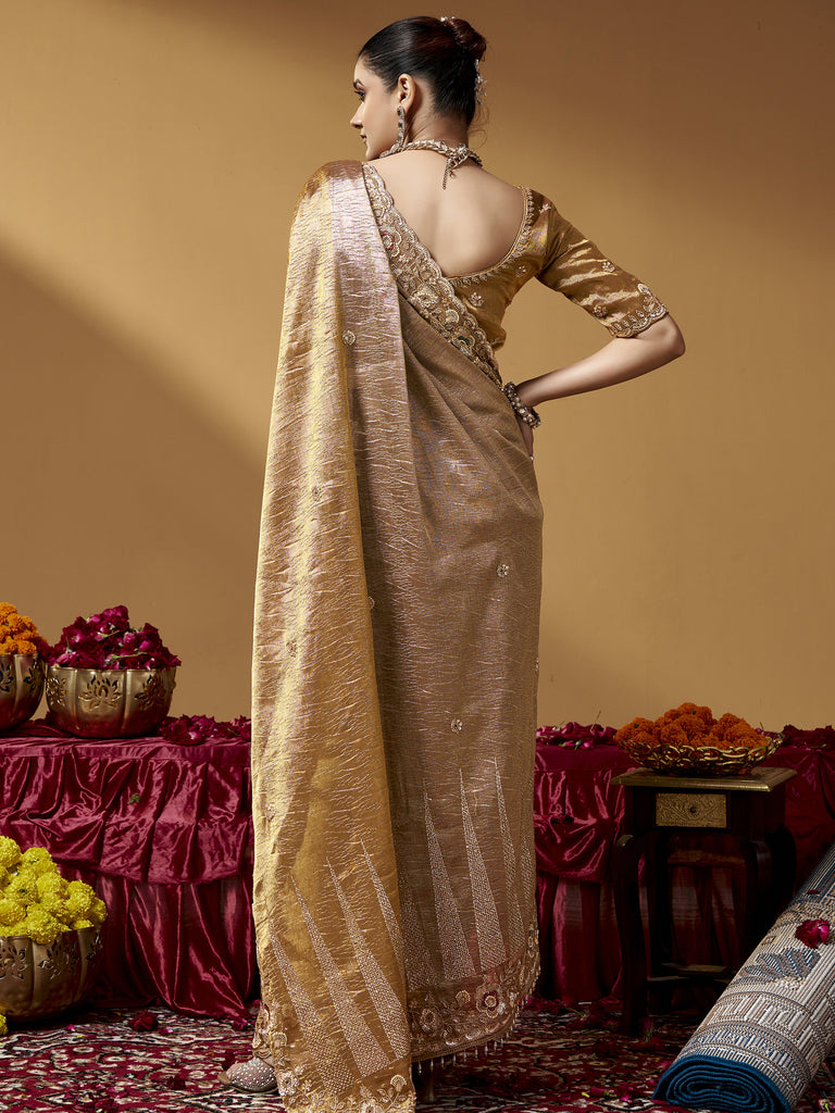 Royal Golden Bead Embroidery Silk Evening Wear Saree With Blouse