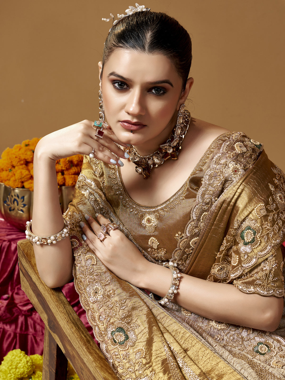 Royal Golden Bead Embroidery Silk Evening Wear Saree With Blouse