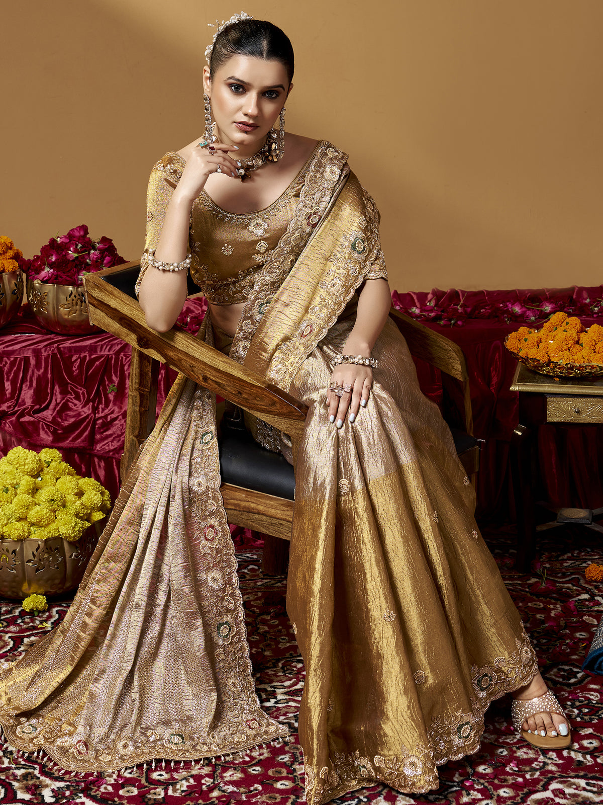 Royal Golden Bead Embroidery Silk Evening Wear Saree With Blouse