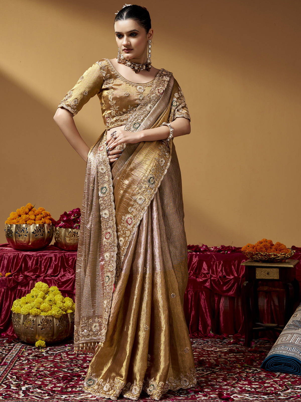 Royal Golden Bead Embroidery Silk Evening Wear Saree With Blouse