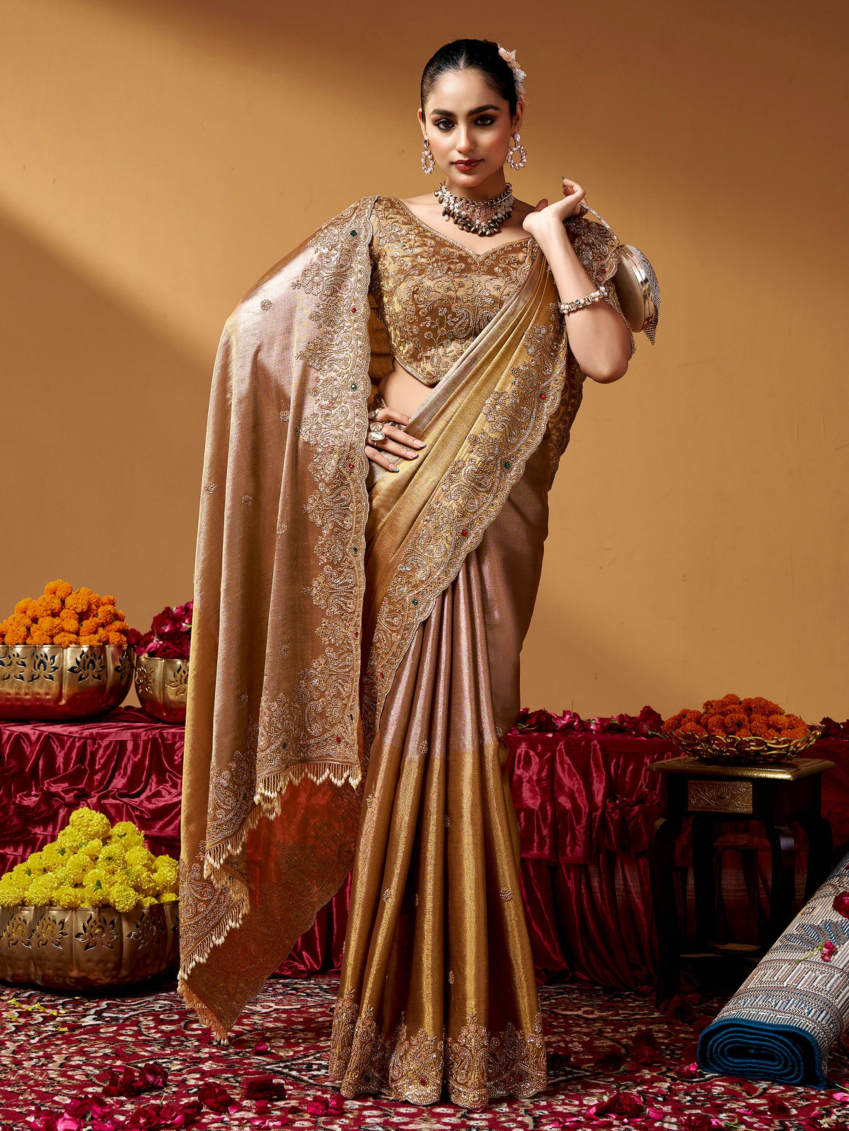 Lavish Golden Zari Embroidery Silk Traditional Saree With Blouse