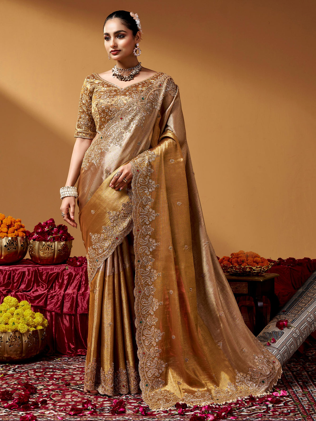 Lavish Golden Zari Embroidery Silk Traditional Saree With Blouse