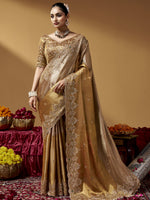 Luxurious Golden Hand Embroidery Silk Reception Wear Saree With Blouse