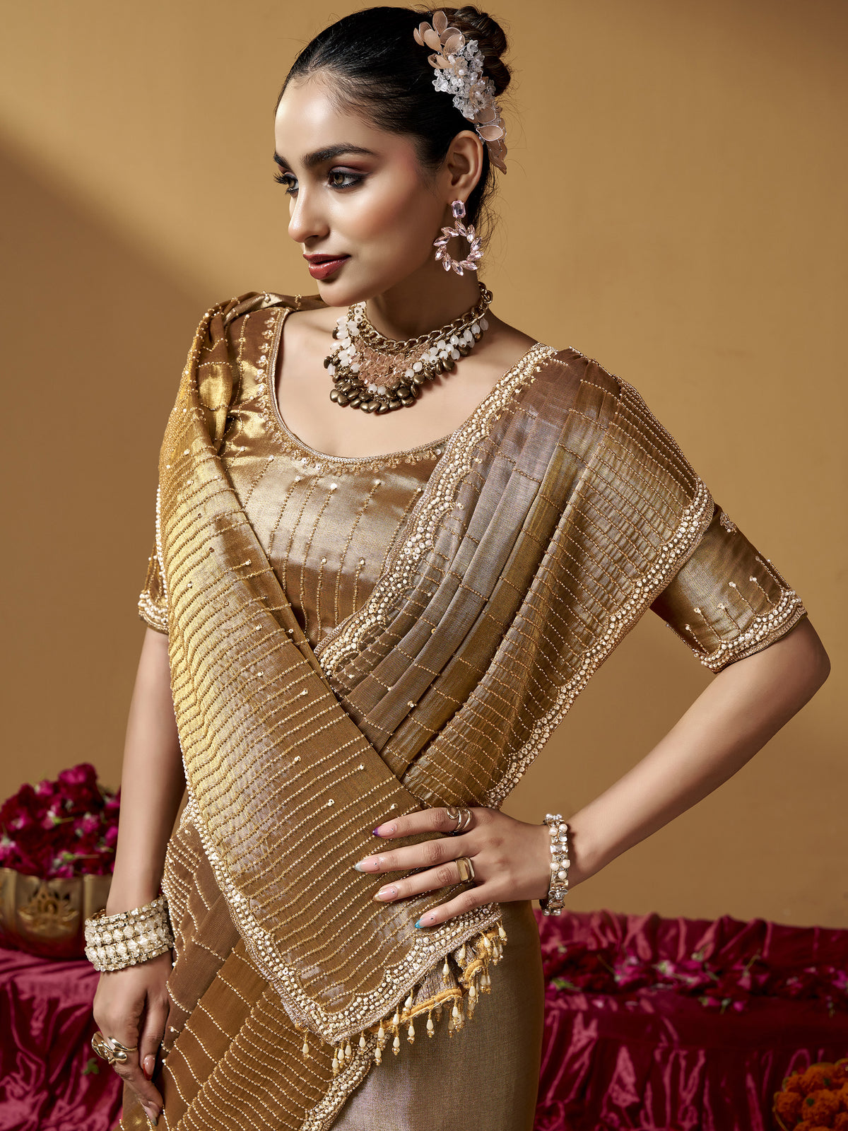 Luxurious Golden Hand Embroidery Silk Reception Wear Saree With Blouse