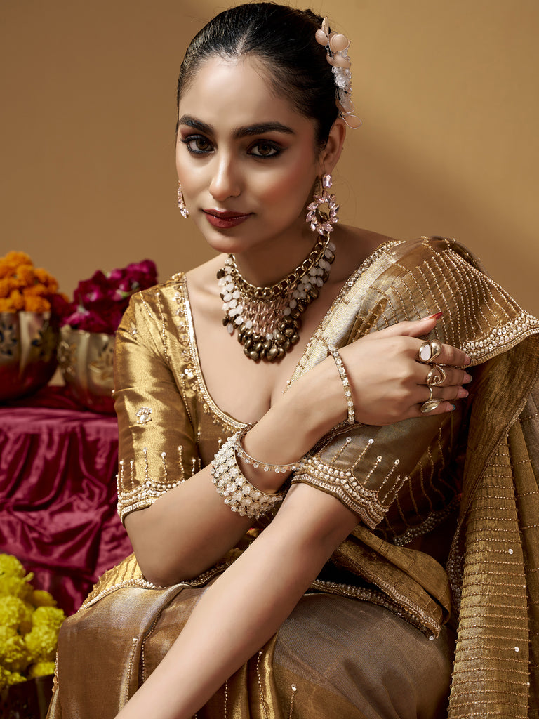 Luxurious Golden Hand Embroidery Silk Reception Wear Saree With Blouse
