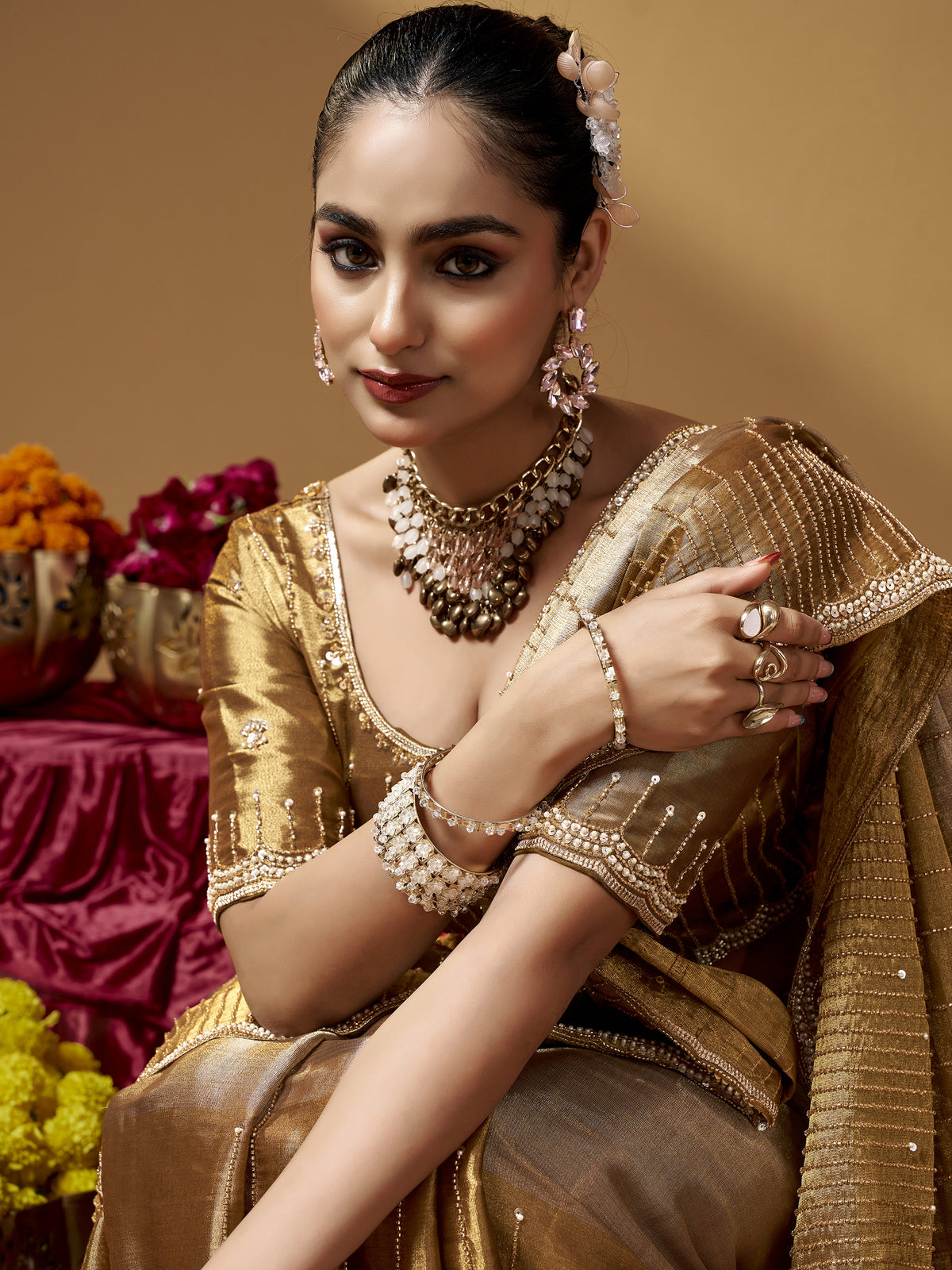 Luxurious Golden Hand Embroidery Silk Reception Wear Saree With Blouse