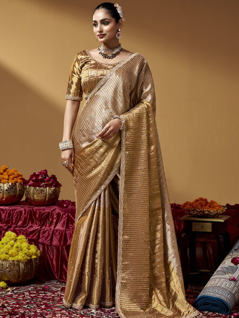 Luxurious Golden Hand Embroidery Silk Reception Wear Saree With Blouse