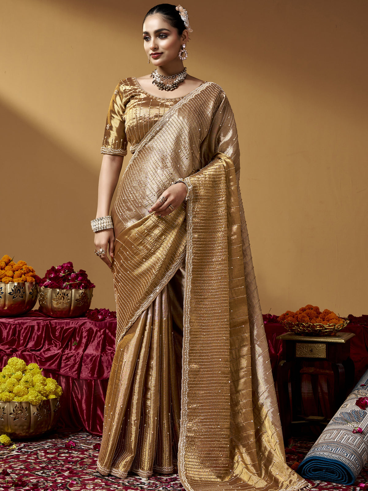 Luxurious Golden Hand Embroidery Silk Reception Wear Saree With Blouse