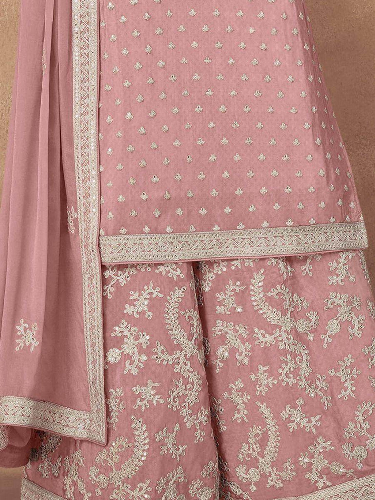 Pleasant Baby Pink Thread Embroidered Chinon Ready-Made Palazzo Suit
