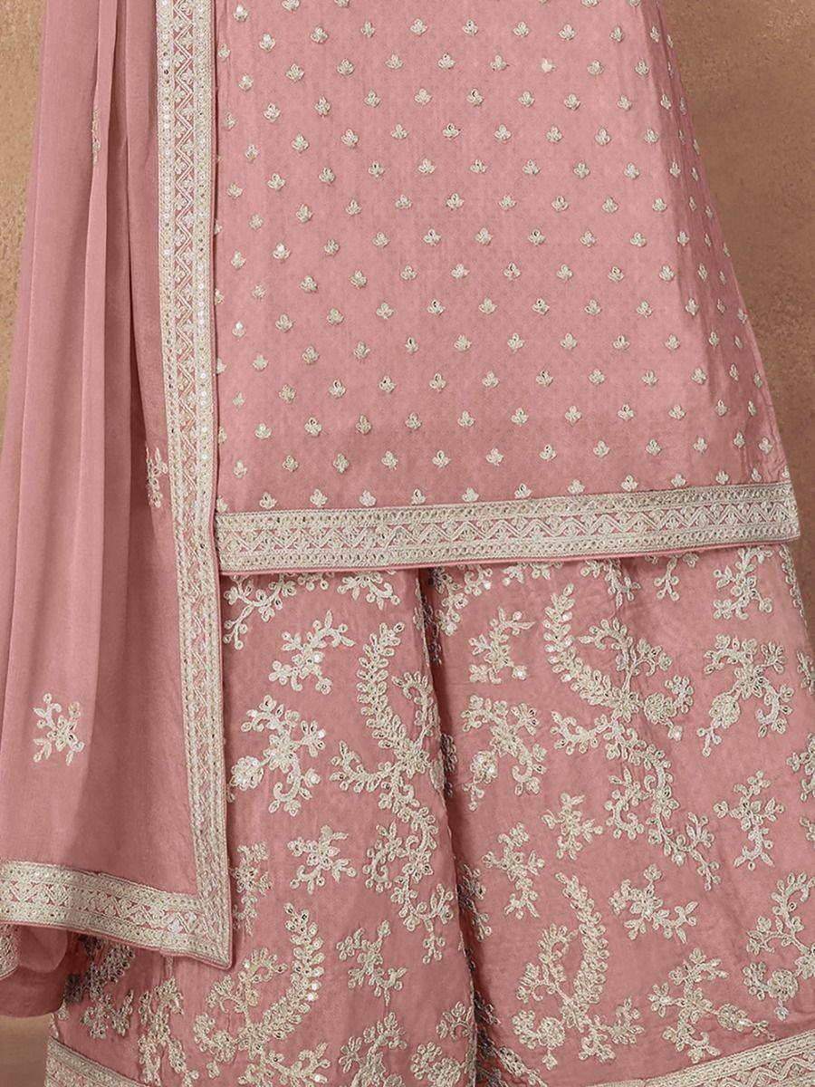 Pink embroidered salwar kameez with floral motifs and dupatta, Indian ethnic wear