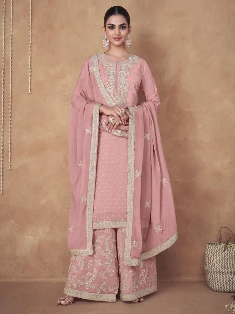 Pleasant Baby Pink Thread Embroidered Chinon Ready-Made Palazzo Suit