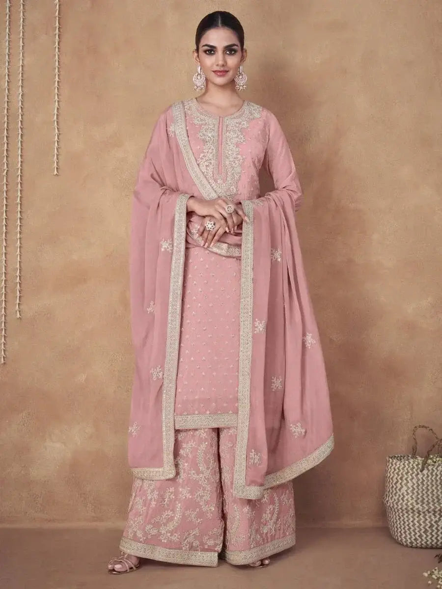 Pleasant Baby Pink Thread Embroidered Chinon Ready-Made Palazzo Suit
