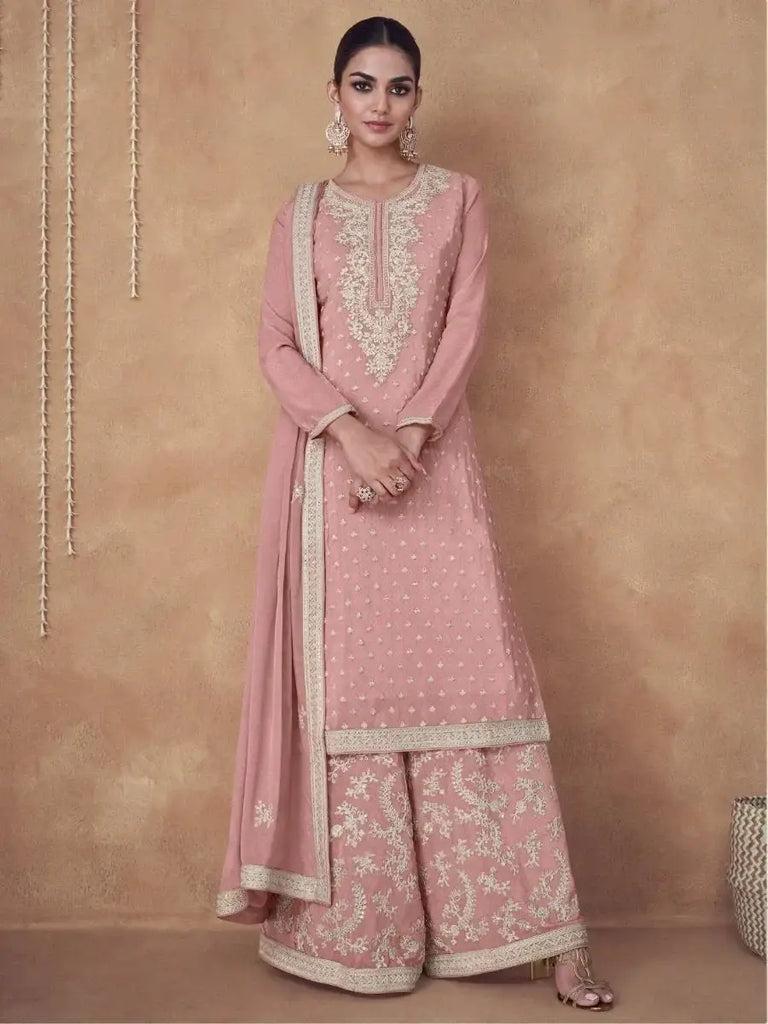 Pleasant Baby Pink Thread Embroidered Chinon Ready-Made Palazzo Suit