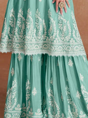 Seductive Sky Blue Thread Embroidered Chinon Ready-Made Palazzo Suit