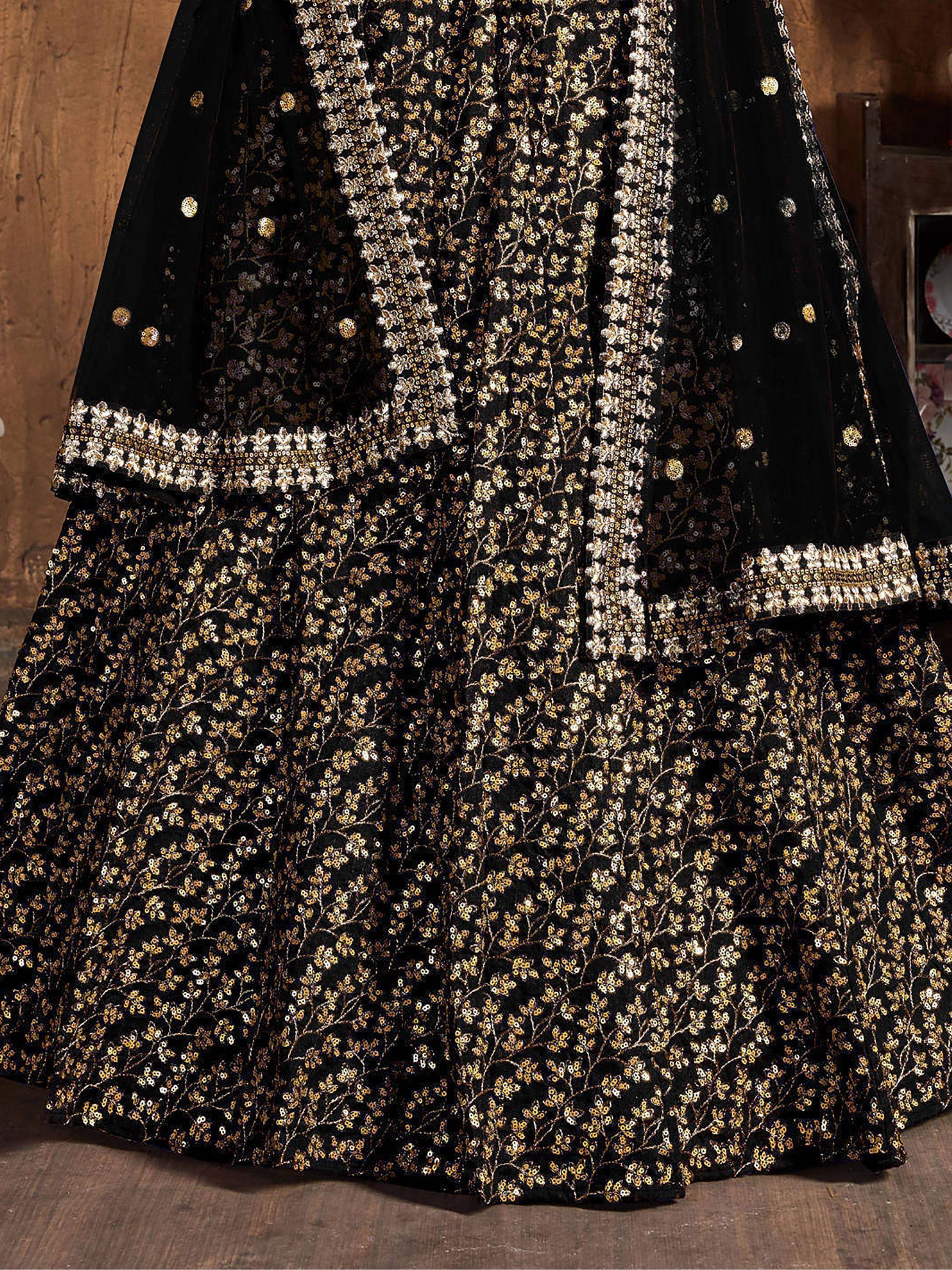 Black lehenga choli with gold floral embroidery and sequin detailing for Indian ethnic wear