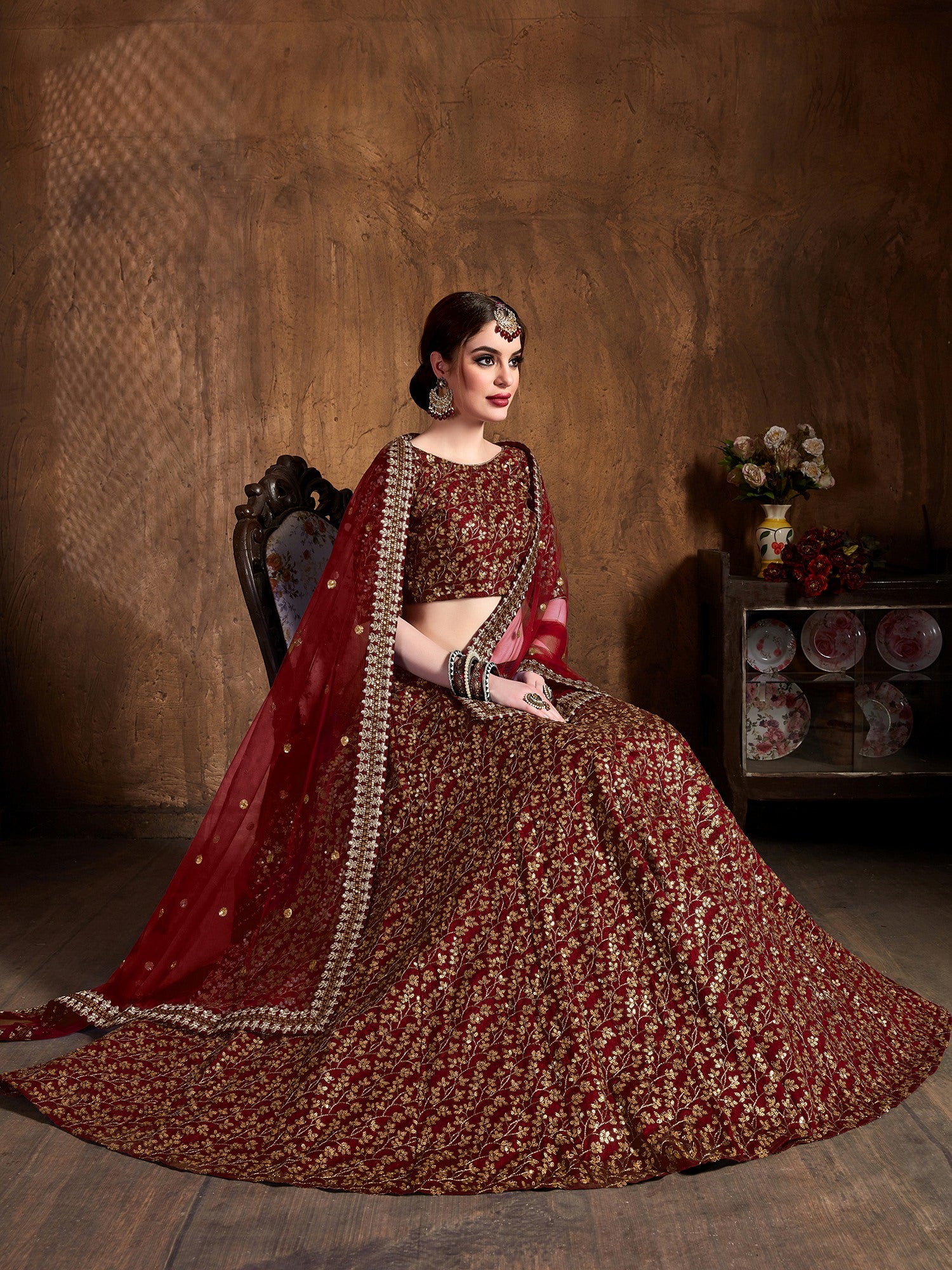 Gorgeous Maroon Sequins Silk Party Wear Plus Size Lehenga Choli 