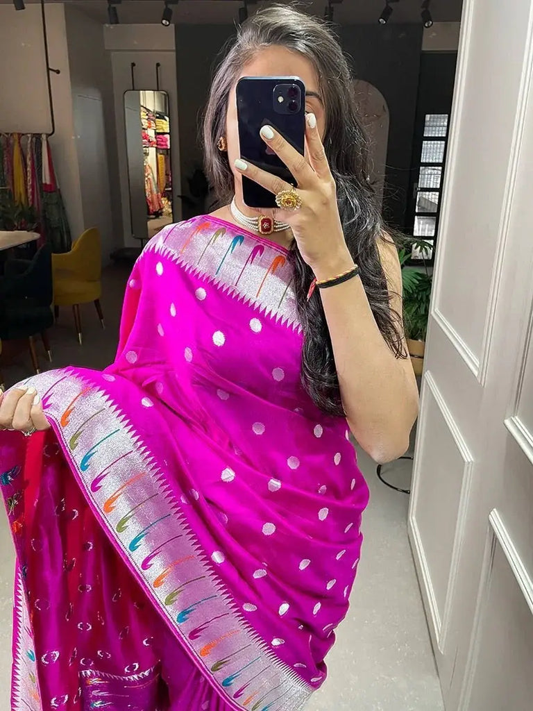Hypnotic Rani Pink Zari Weaved Viscose Festive Wear Saree With Blouse